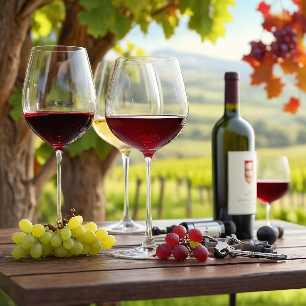 A sophisticated wine tasting scene with a stylish table set outdoors, featuring a range of glistening wine glasses, elegant bottles of red and white wine, and a backdrop of vibrant data protection symbols like padlocks and shields subtly interwoven with grapevines. The atmosphere is warm and inviting, emphasizing the balance between pleasure and cybersecurity. soft focus. vibrant colors. 3D.