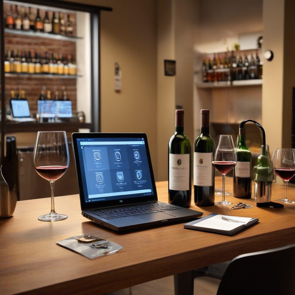 A visually appealing table setting showcasing an arrangement of various wine bottles alongside digital security elements, such as a padlock, a shield, and a computer screen displaying security graphics. The wines should be elegant and diverse, with warm lighting creating a cozy atmosphere. In the background, hints of a modern office environment should be subtly incorporated. super-realistic. vibrant colors. warm lighting.