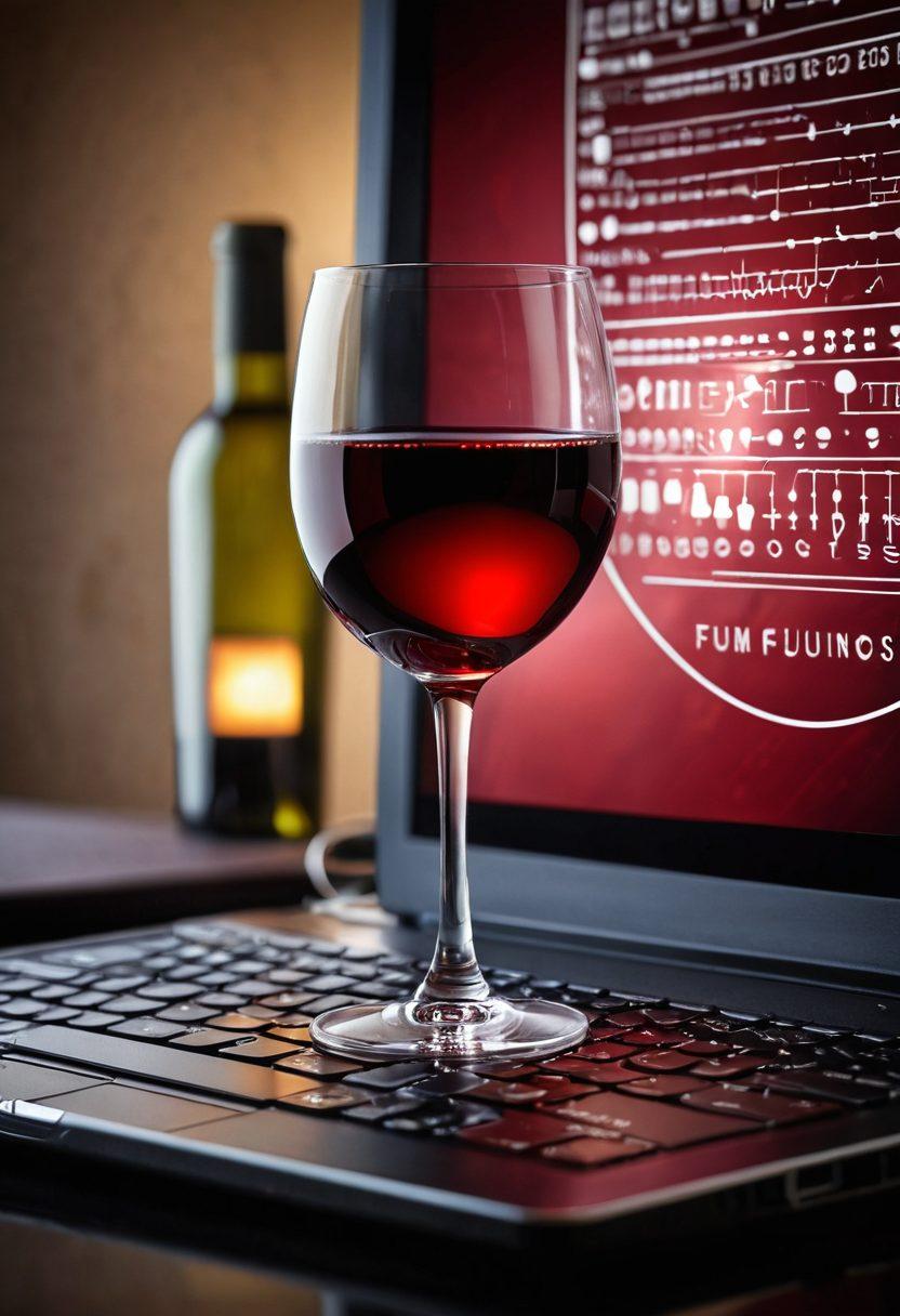 A sophisticated wine glass filled with rich red wine set on a sleek laptop keyboard, symbolizing the fusion of wine and technology. Surrounding the glass are various digital security icons, like a shield and lock, subtly integrated into the background with a warm ambiance. Dim lighting enhances the mood, reflecting a cozy yet professional atmosphere. The wine's reflection reveals lines of binary code. super-realistic. vibrant colors. warm tones.